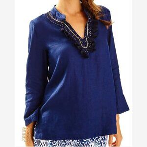 Lilly Pulitzer Amelia Island Tunic Top True Navy Women's XS Linen Fringe Preppy